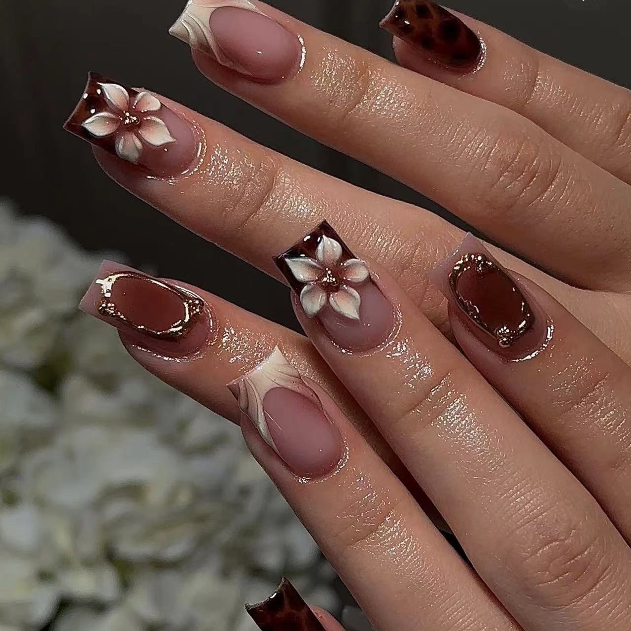 Pressed Flower Frame - Unhas postiças curtas quadradas para mulheres,